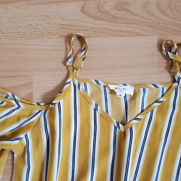 BNWOT chocolate blue mustard yellow striped cold shoulder blouse top small - Picture 2 of 5